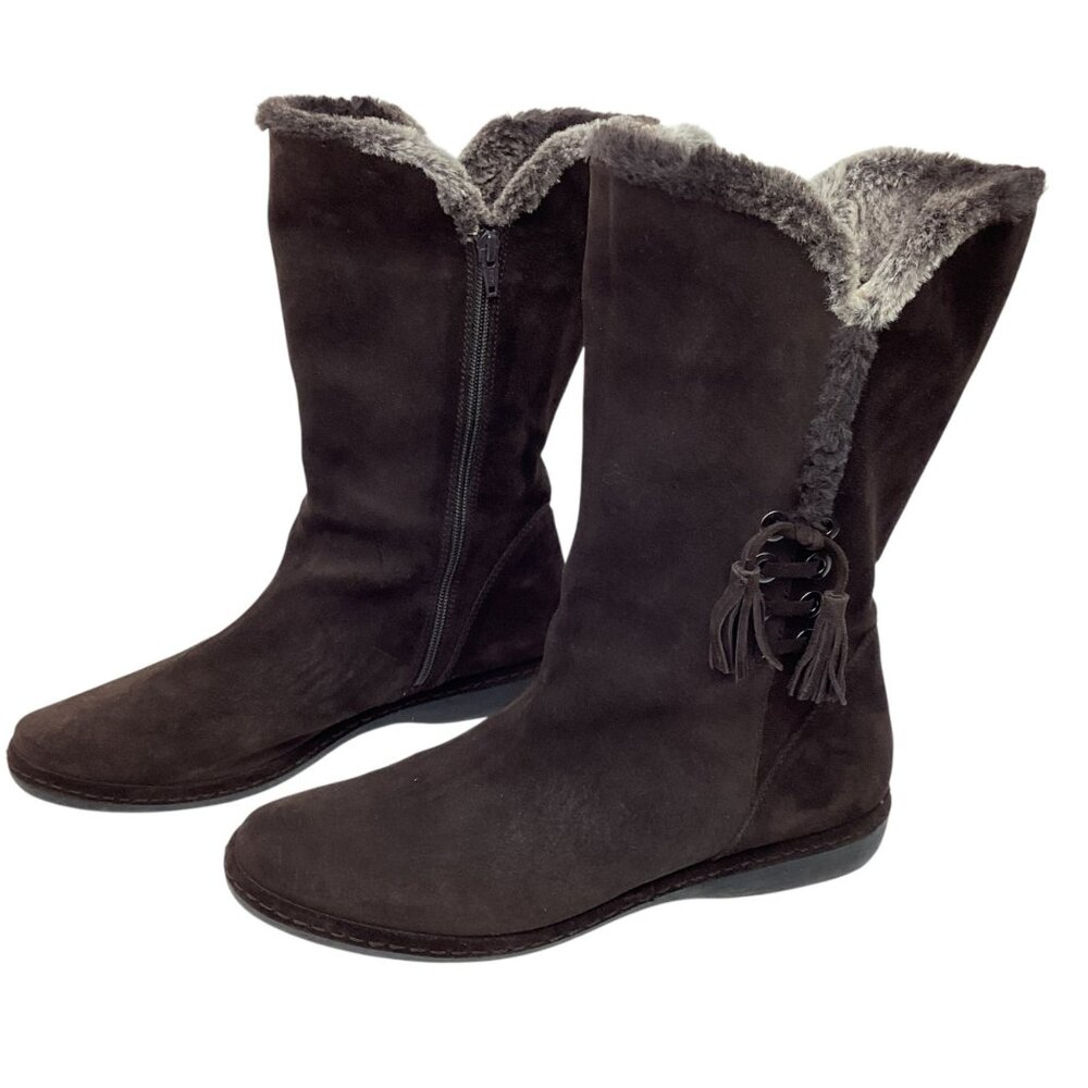 Stuart Weitzman Suede Mid-Calf Tassel Womens 10.5M Boots Zip Faux Fur Brown